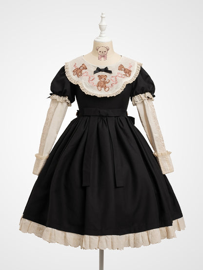 Black Neckline Embroidered Lolita Bear Lace Sweet Trim Teddy Sleeves Puff Dresswith