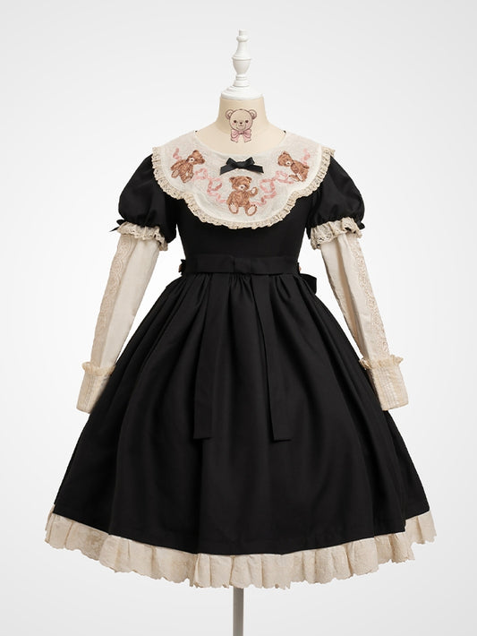Black Neckline Embroidered Lolita Bear Lace Sweet Trim Teddy Sleeves Puff Dresswith