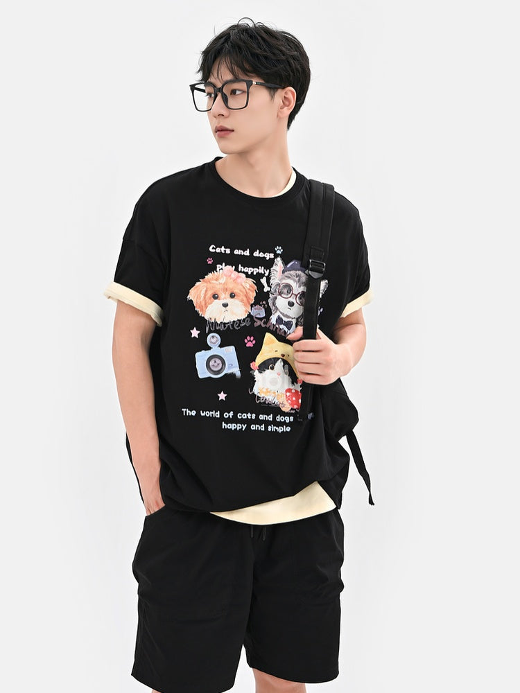 ホワイト/ブラック/ダークブルー ラウンドネック 子犬と子猫プリント ルーズTシャツ