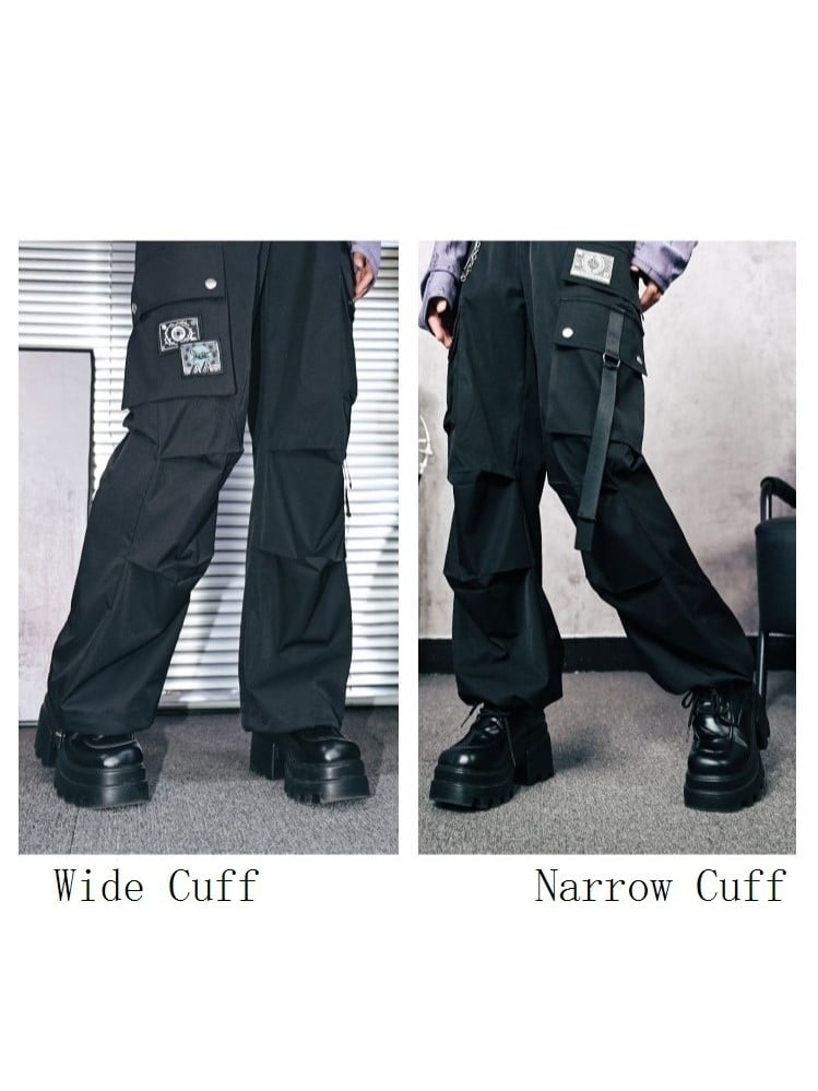 Embroidered Gothic Pockets Cheongsam Eyeball Cargo Cuffs with Black Drawstring Pants