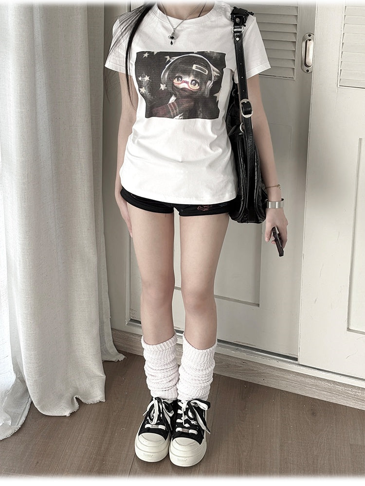 ホワイトラウンドネックBJDドールプリントヴィンテージTシャツ