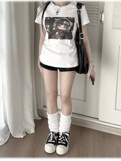 ホワイトラウンドネックBJDドールプリントヴィンテージTシャツ