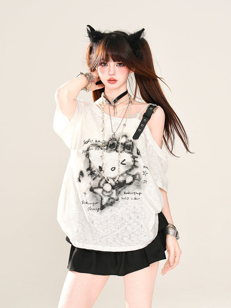 Semi-sheer Asymmetrical Neckline Buckle Strap T-Shirt Kitty Print Black/White/Gray