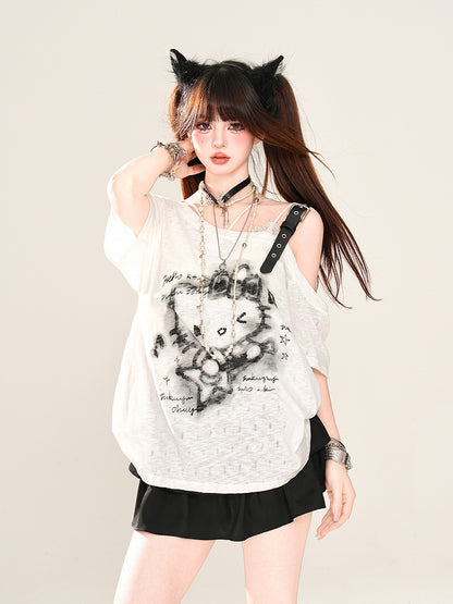 Semi-sheer Asymmetrical Neckline Buckle Strap T-Shirt Kitty Print Black/White/Gray