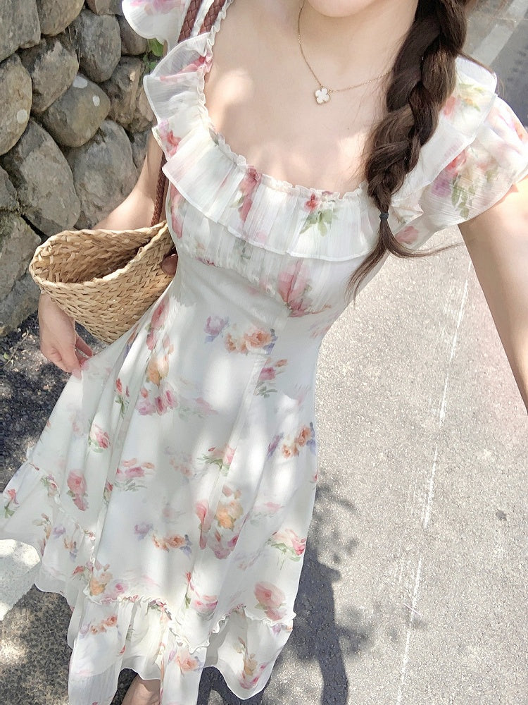 Apricot Summer Vacation Dress with Floral Pattern - Qchiwawameme