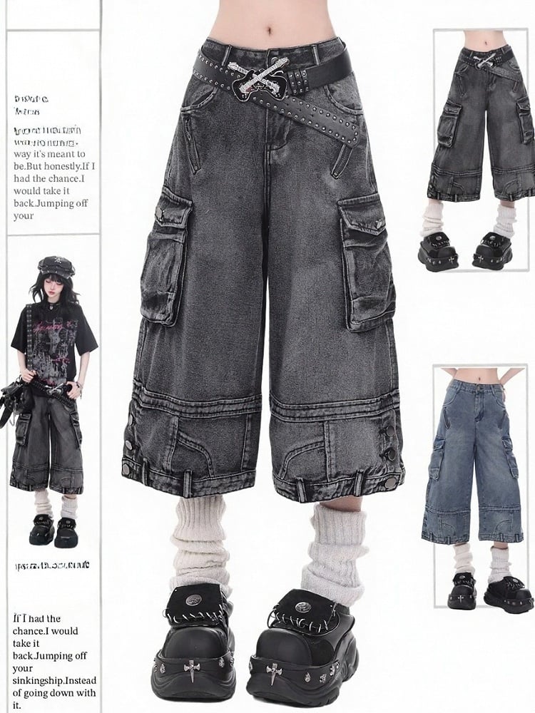 Black Cargo-Style Cropped Denim Pants with Multi-Pocket Utility Design - KNOW8 Online Shop
