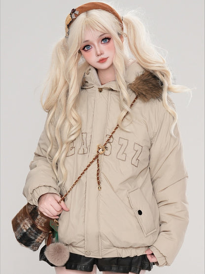 Grau/Apricot Buchstaben Druck Hasenohren Kapuze Dicke Jacke Abnehmbare Kapuze