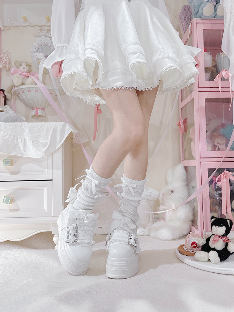 Buckle White Bow Jirai Shoes Beaded Design Kei Platforms Accents