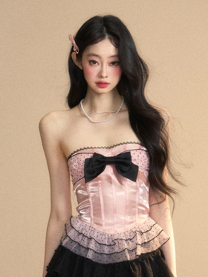 ストラップレストップパターン ピンク レイヤード レース メッシュ ビッグリボン フリル 水玉模様