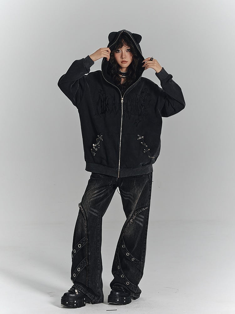 Pin Details Cat Embroidery Safety Punk Jacket Cross Hoodie Ear Black with