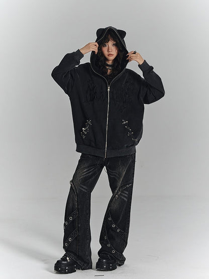 Pin Details Cat Embroidery Safety Punk Jacket Cross Hoodie Ear Black with