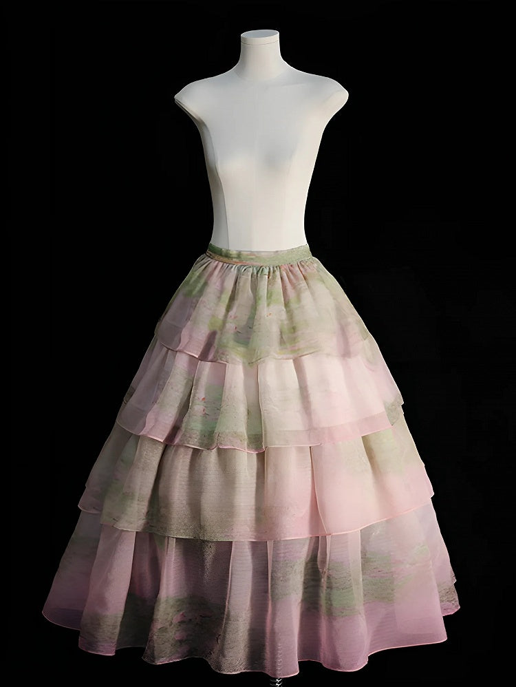 Sky Organza Tiered Skirt Blue/Light Pink/Purple/Green Oil Painting Print
