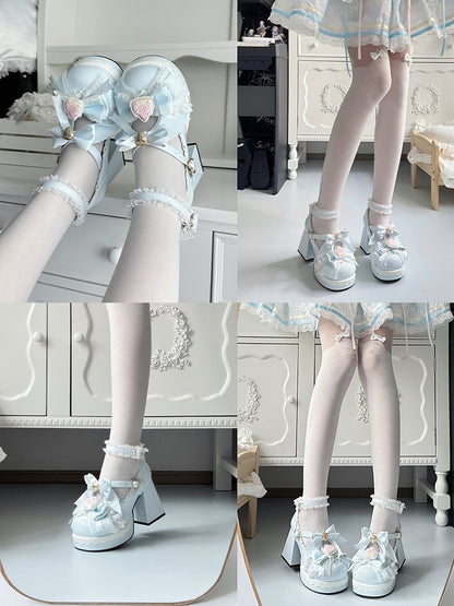 Mary PU Heart Sweet Adjustable Snap Chunky Janes - Blue Heel with Bow Strawberry Lolita