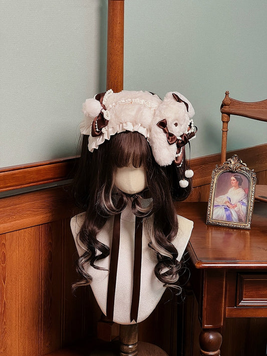 Brown Plush Bunny Sweet Lolita Hairband with Bows & Pom-Poms - Twin Bear Original Design