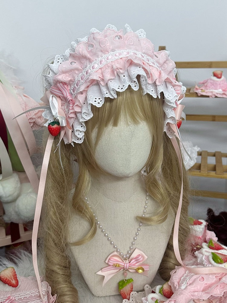 Hairband with White Strawberry Charms Pink/Pink Lolita Ruffled Sweet