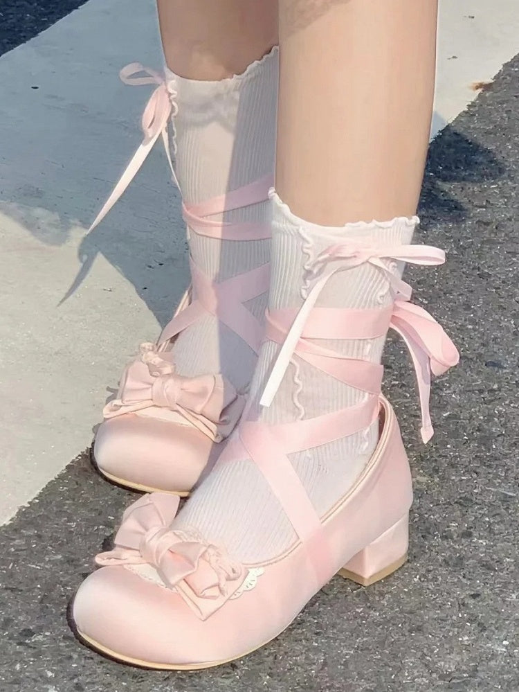 Satin Light Pink Sweet Lolita Round-Toe Low-heel Shoes - Detachable Ankle Strap with Heart Snap & Scalloped Edge