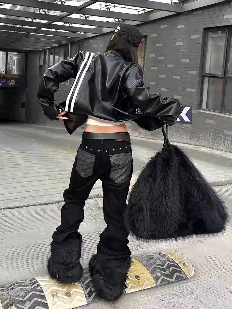 Unisex Punk Distressed Black Stacked Denim with Snake Leather Pockets & Studs - DETW OnLine