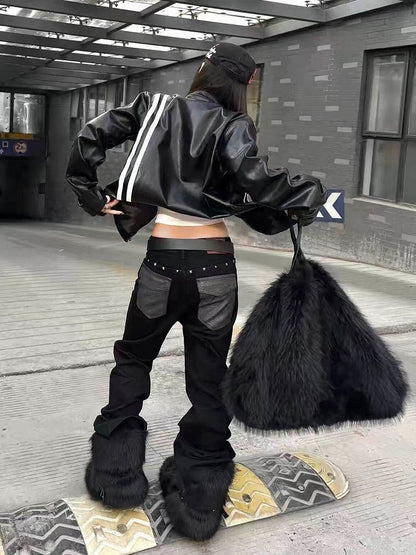 Unisex Punk Distressed Black Stacked Denim with Snake Leather Pockets & Studs - DETW OnLine