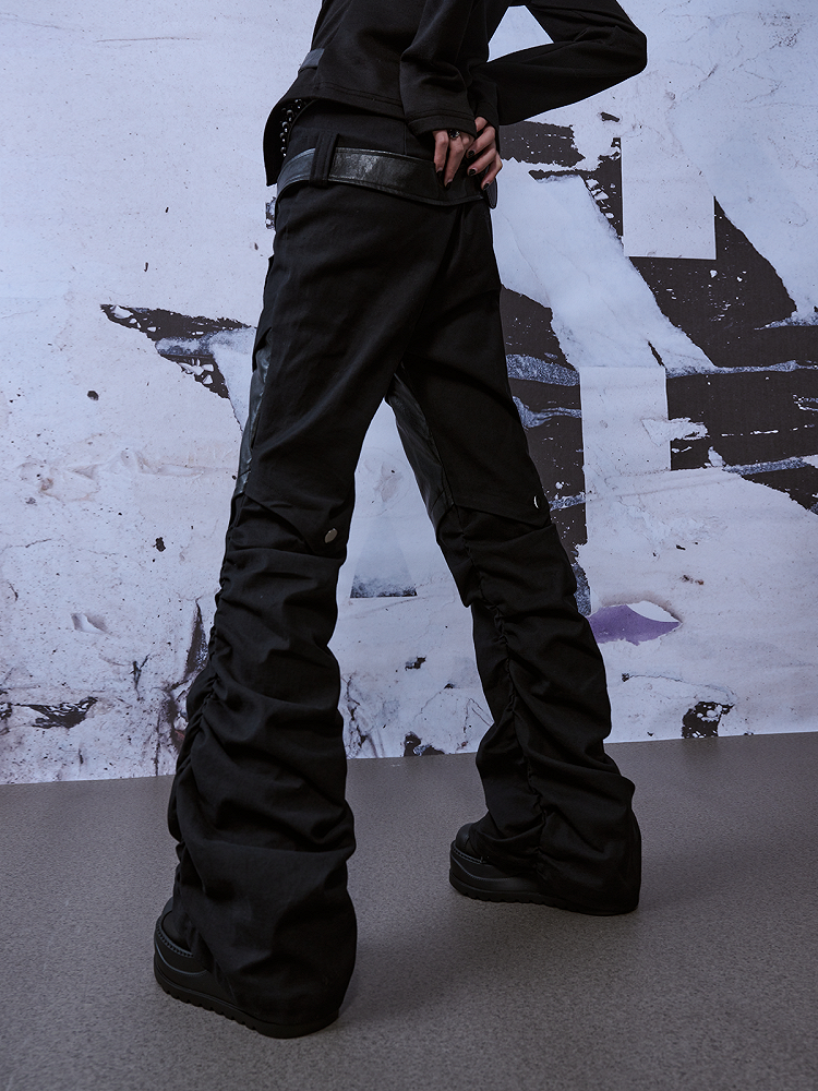 Patches  Belts Black Punk Denim Jeans With Studded PU Knee