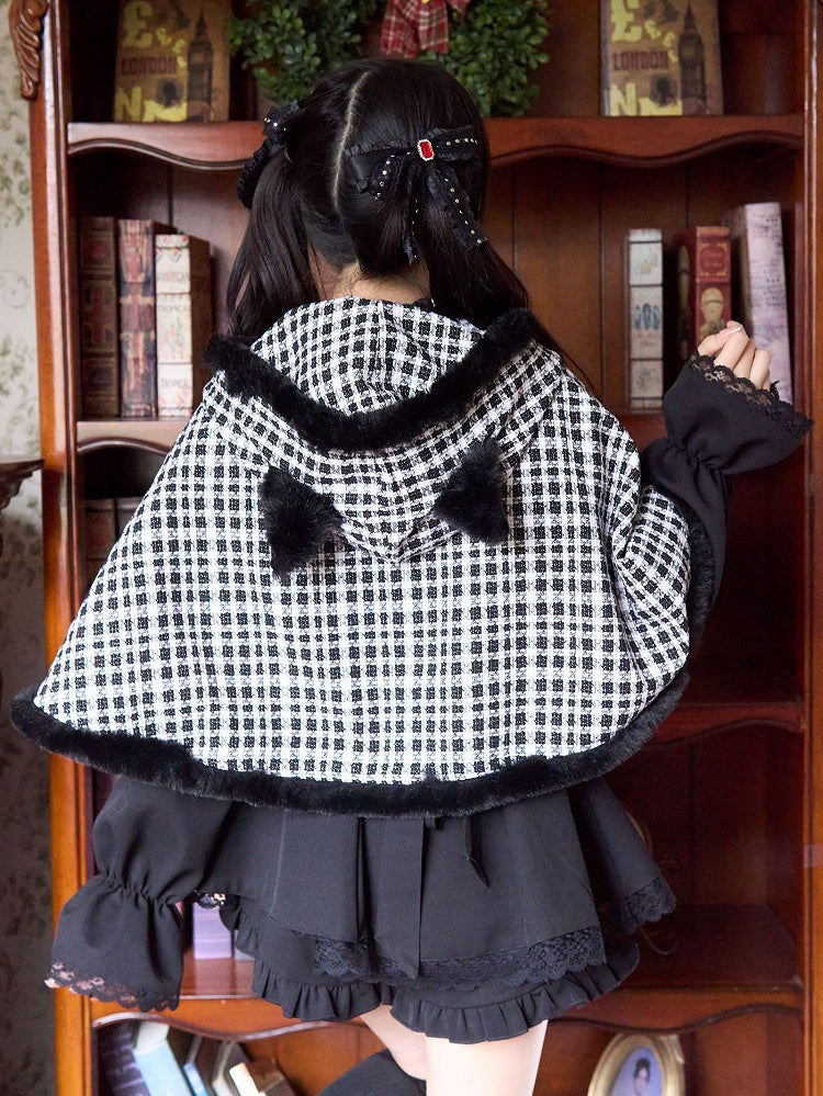 Plush Black White Plaid Cape Kei Kitty Ears Design Jirai Hood Bow Free Brooch with Trim