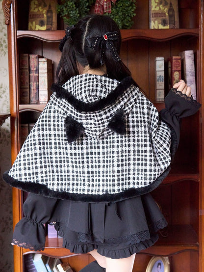 Plush Black White Plaid Cape Kei Kitty Ears Design Jirai Hood Bow Free Brooch with Trim