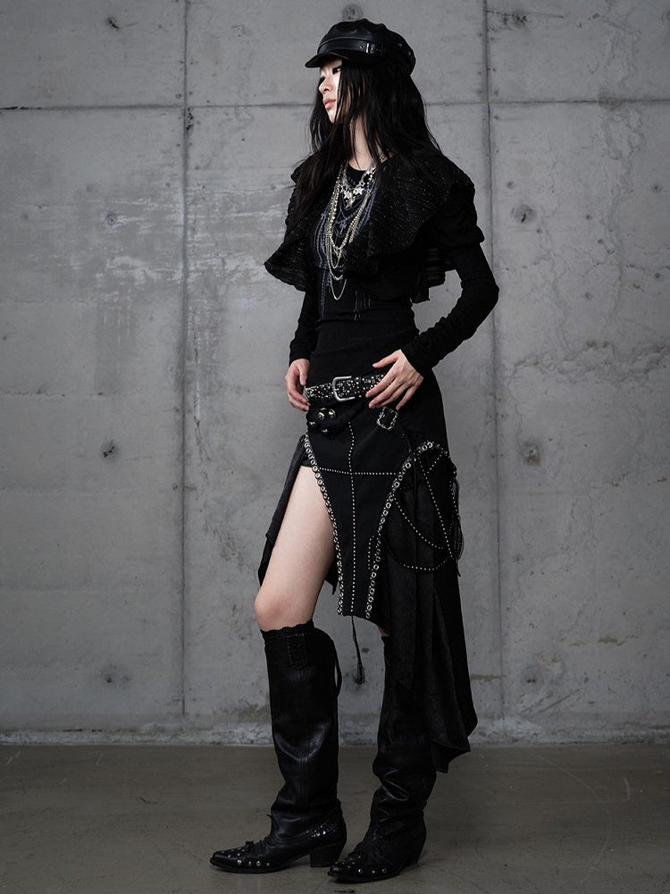 Skirt with Embellishments PU Handkerchief Hem Punk Gothic Metal Black
