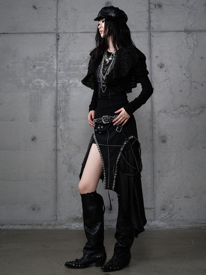 Skirt with Embellishments PU Handkerchief Hem Punk Gothic Metal Black