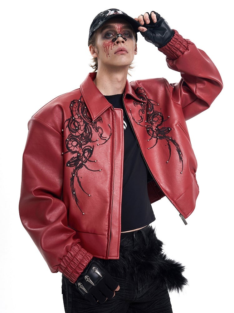 Jacket Red for Men Studded Details with in Punk PU