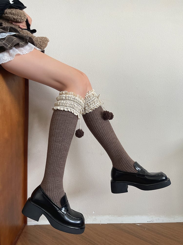 Colors with Decorations 5 Pom-Pom Warm Trim Calf Socks Lace
