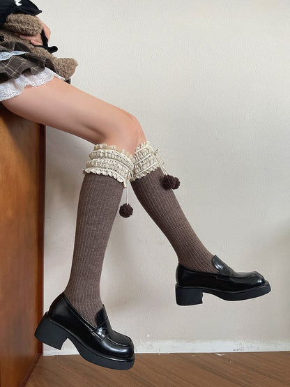 Colors with Decorations 5 Pom-Pom Warm Trim Calf Socks Lace