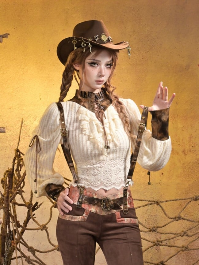 Top Knit PU Lacing Brown Steampunk Crisscross Collar + with White Cuffs