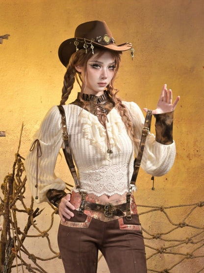 Top Knit PU Lacing Brown Steampunk Crisscross Collar + with White Cuffs