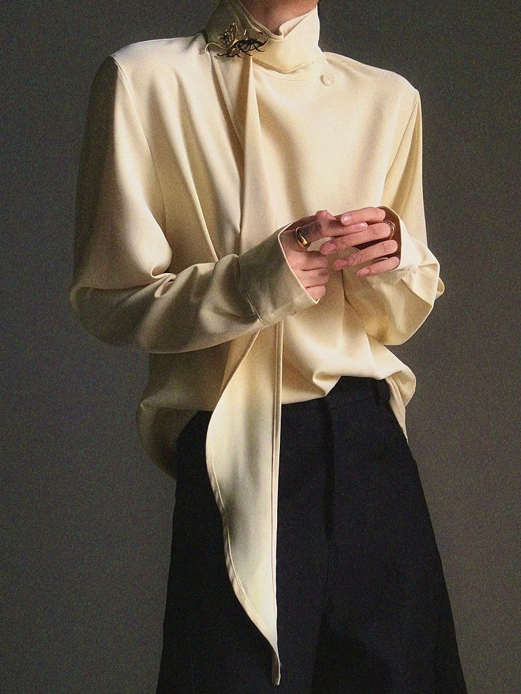 Yellow with Neck Prince Flowing Design Ouji Shirt Ribbon Mock - Accents