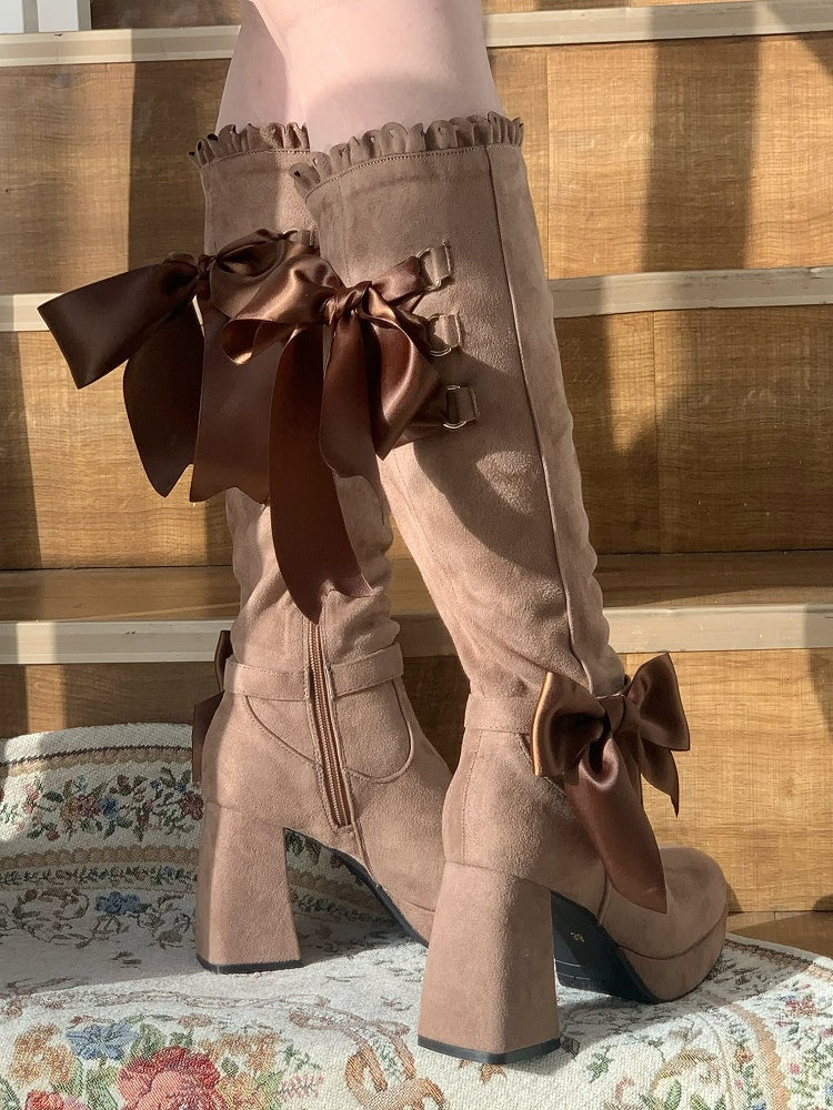 Design Lolita Details Lace-up with Back Knee-high Bow Khaki Boots Decorative Elegant