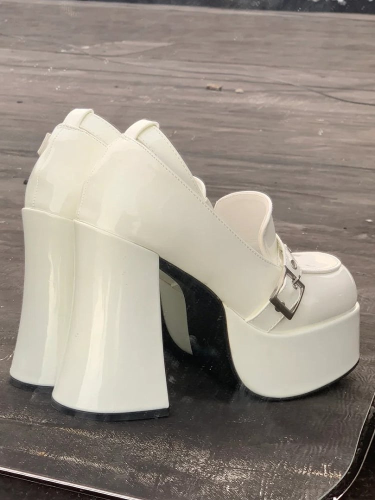Chunky Heel Y2K White Shoes - Platform Sole with Ornate Buckles & Removable Ankle Harness