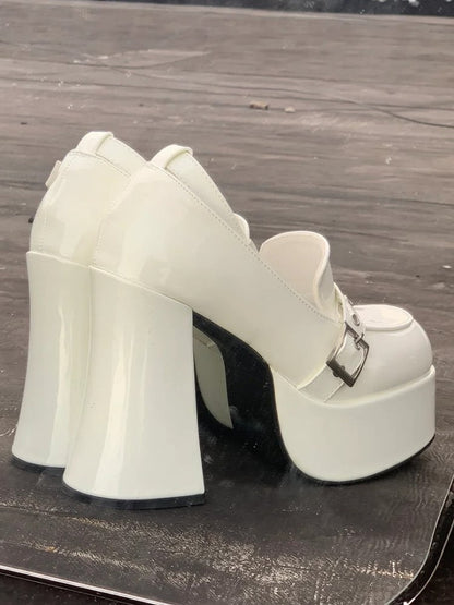 Chunky Heel Y2K White Shoes - Platform Sole with Ornate Buckles & Removable Ankle Harness