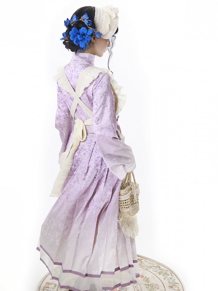 Beige Print Charm Dress Tassel Lolita Han Apron Floral Wisteria Purple + Beaded with