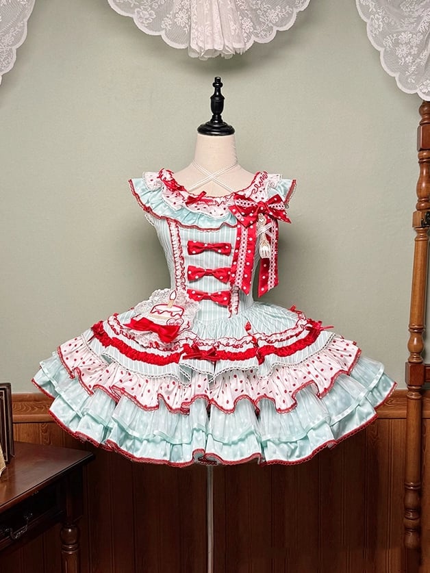Red and Skirt Green Sweet Polka with Accents Bow Tiered Dots Stripes Dress Lolita