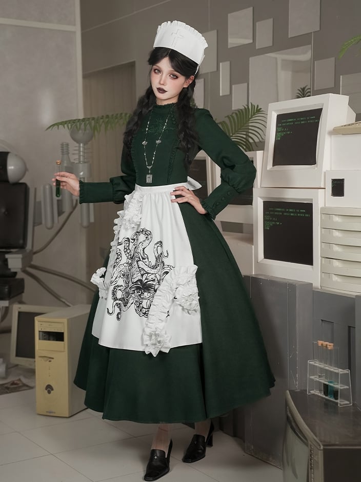 Dark Green Cthulhu Gothic Lolita OP Set – Tentacles + Apron + Nurse Hat + Necklace | With PUJI