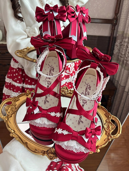 Bow Heel - Heart Satin with in High Janes Red Themed Accents Sakura Snap Block Mary