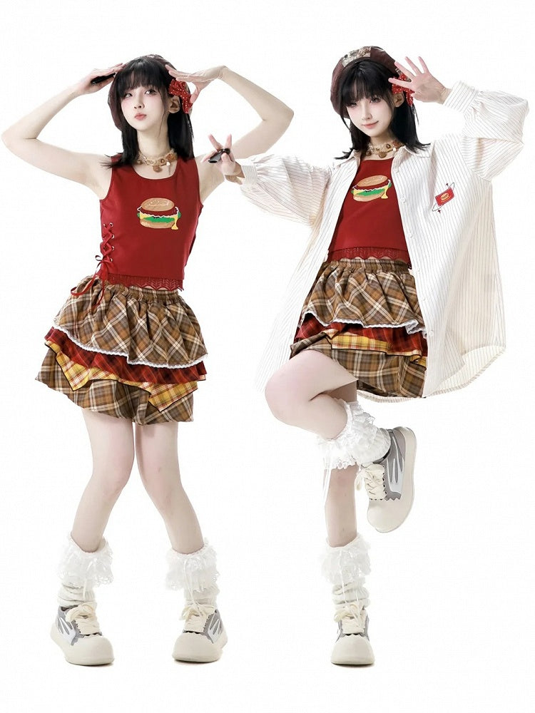 Tiered Skirt Hamburger Theme Pink/Brown Plaid Elastic Waist
