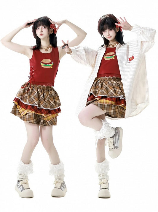 Tiered Skirt Hamburger Theme Pink/Brown Plaid Elastic Waist