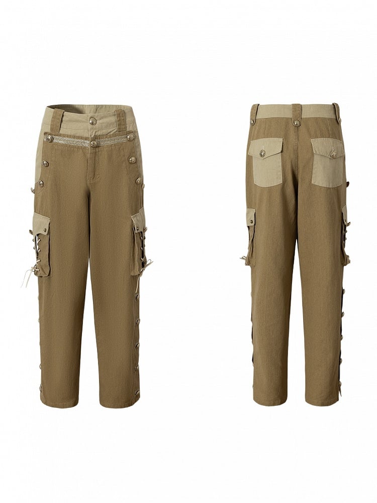 Punk Vintage Pockets Pants 3D with Khaki Cargo Dual-Tone Buttons