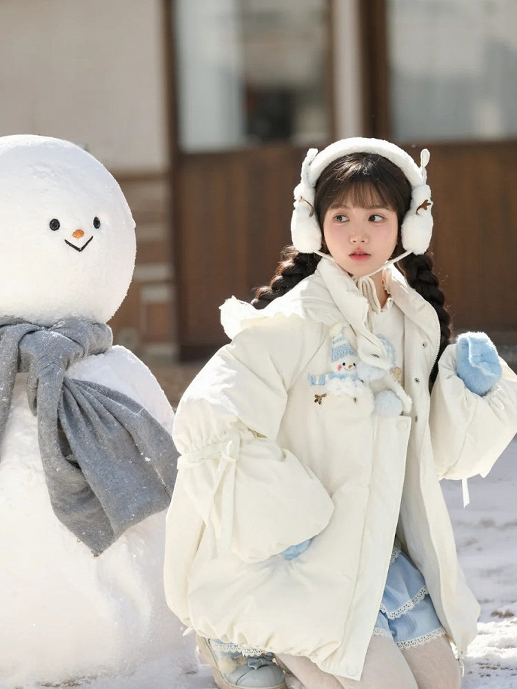 Cute Snowman Adorned White Hooded Puffer Down Jacket Bubble Silhouette