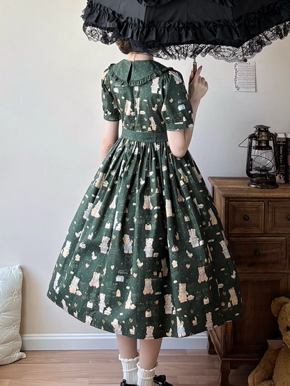 Bear Sleeves Long Dark Sweet Dress Print Version Lolita Short Green