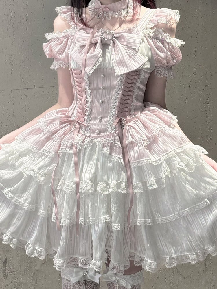 Pink Off-Shoulder Lace Dress with Choker - Virtual Paradise