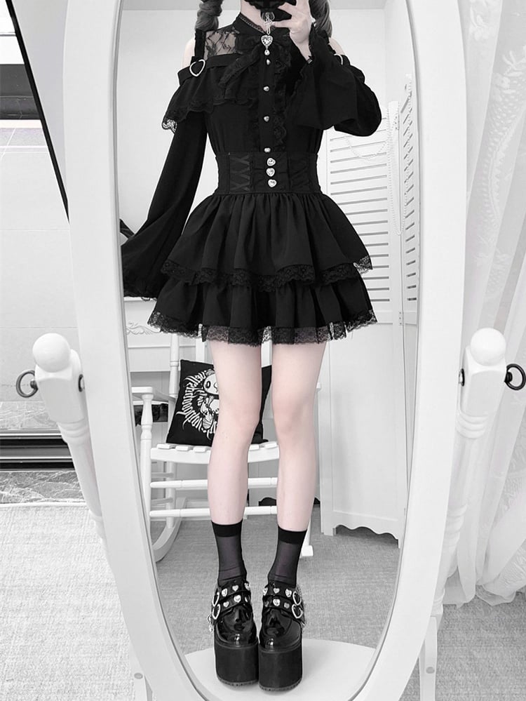 Open Jirai Kei Bell Shoulders Black Set: with Top Three-Piece Sleeves All