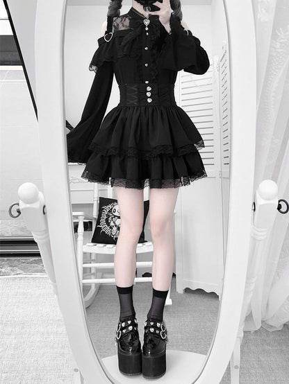 Open Jirai Kei Bell Shoulders Black Set: with Top Three-Piece Sleeves All