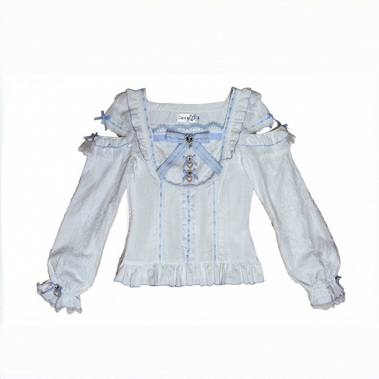 Ryousangata Blue Square-Neck Cutout Shoulder Cotton Long Sleeve Blouse with Lace & Rhinestone Bow - Broken Bear