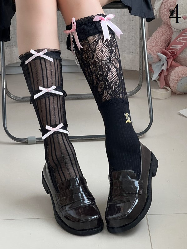 Lolita-Strümpfe und Schleifenohren unter dem Knie, Details Kaninchen mit Y2K Pink Weiß/Schwarz